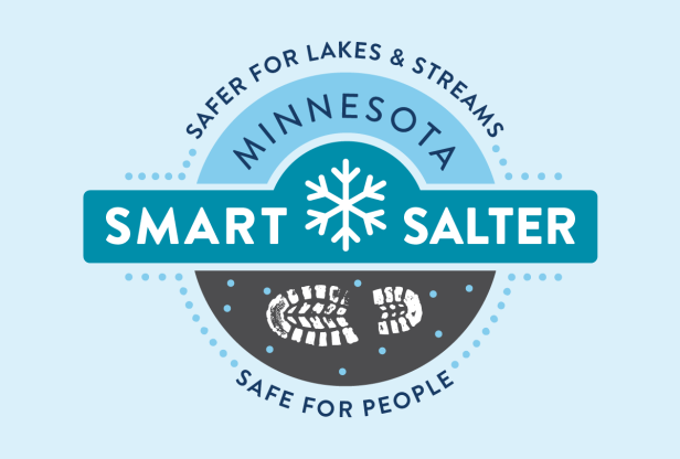 Minnesota Smart Salter logo showing a snowflake and a bootprint with salt grains around it. Text says "Safer for lakes and streams, safe for people."